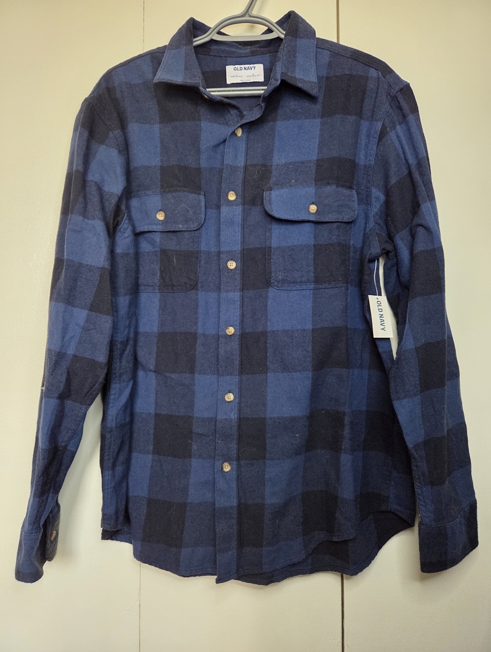Old Navy Men's L Dark Blue Plaid Soft Feel Long Sleeve Button Down Shirt